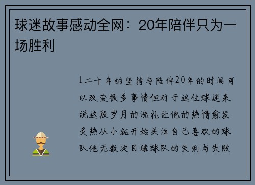 球迷故事感动全网：20年陪伴只为一场胜利